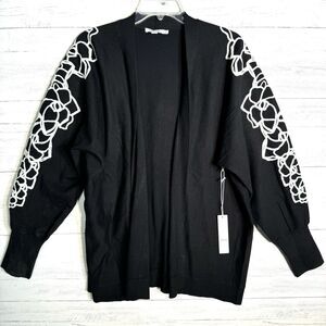 NEW Chicos Black Open Cardigan Sweater Embroidered Sleeves Sz XL Cashmere Blend